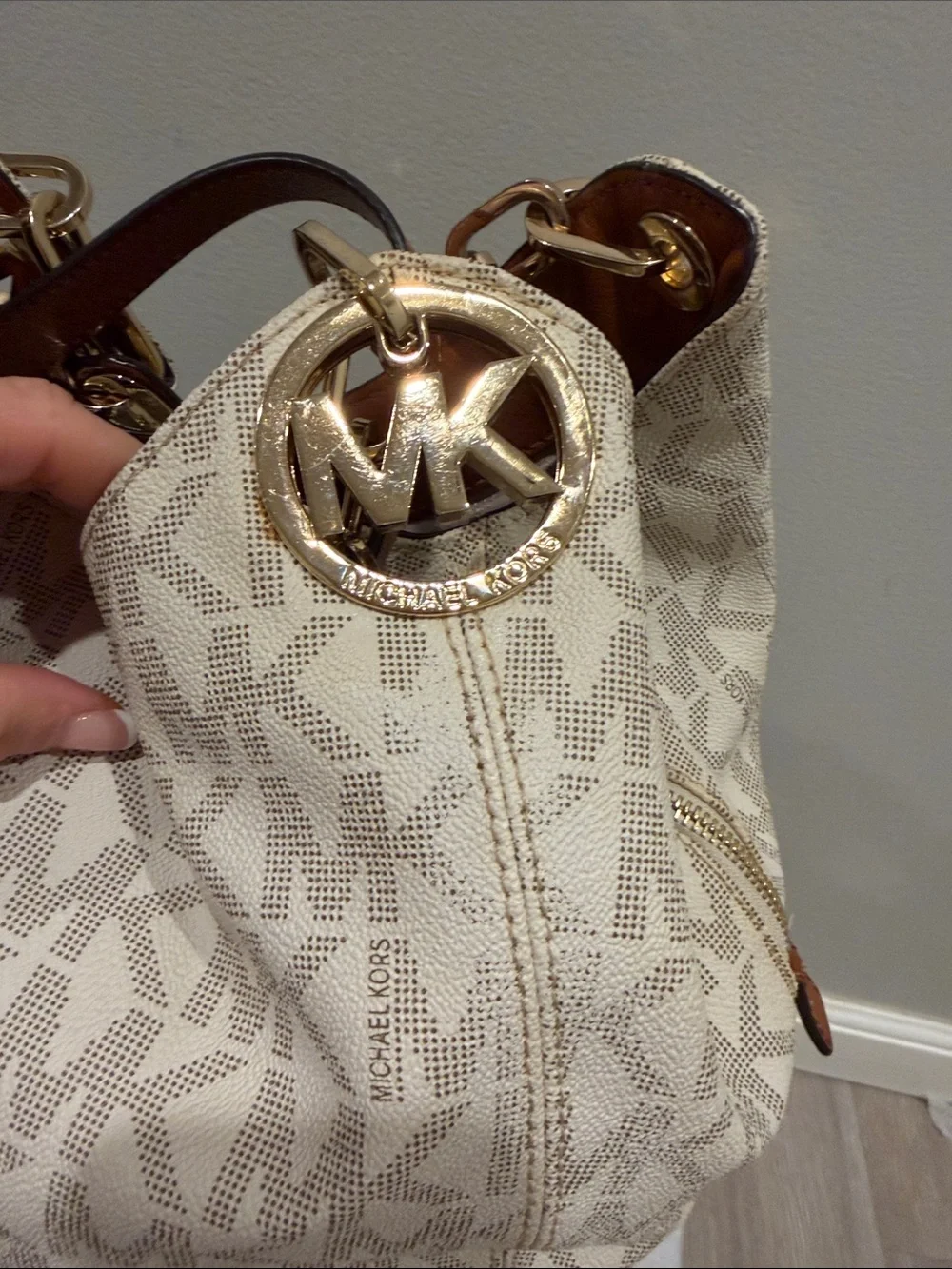Michael Kors Cream MK Logo Hobo with Gold Hardware and Tan Handles